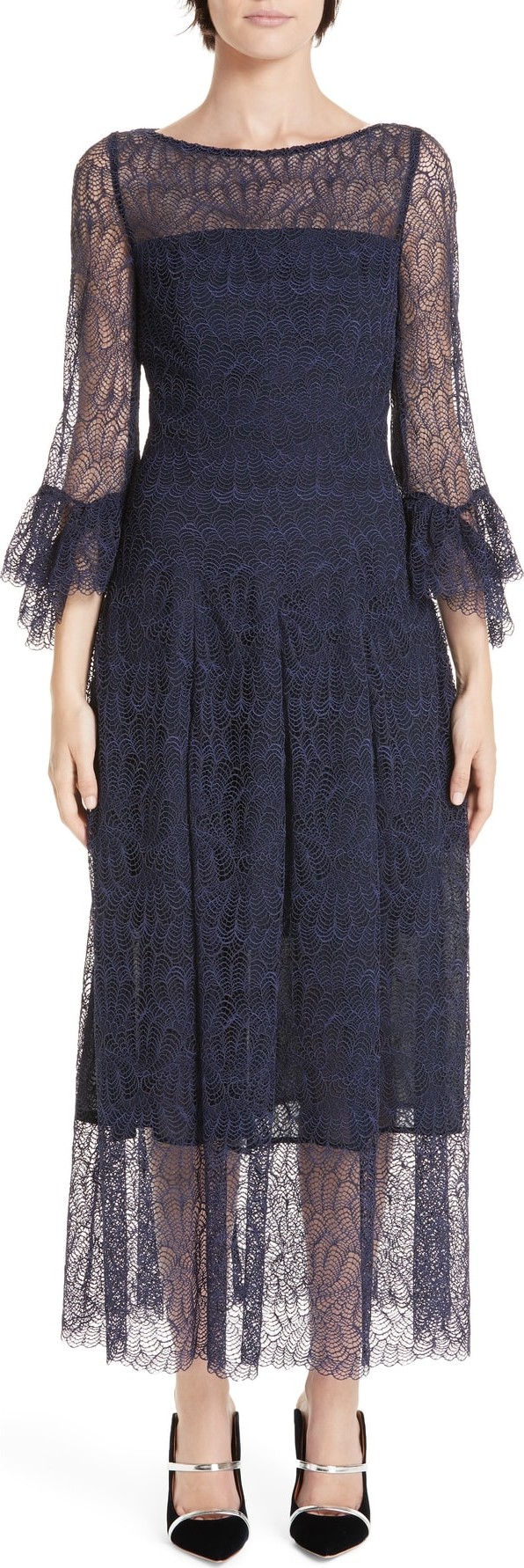 Talbot Runhof Allium Lace Bell Sleeve Tea Length Dress