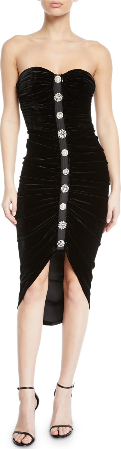 Veronica Beard Palo Strapless Ruched Velvet Button-Front Cocktail Dress