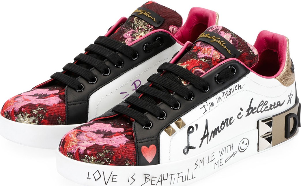 Dolce & Gabbana Leather and Floral-Jacquard Graffiti Low-Top Sneakers