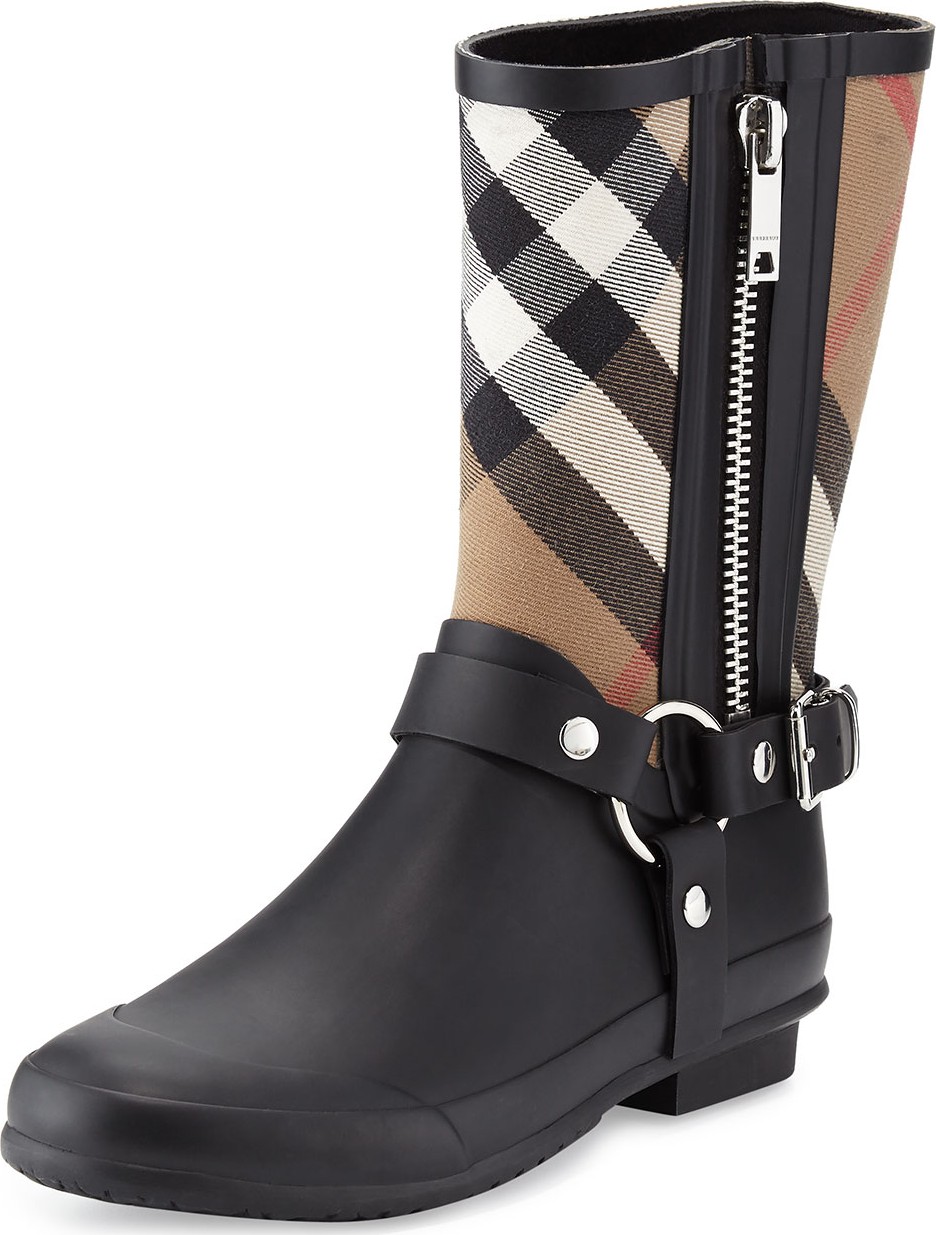 Burberry London England Zane Check Harness Rain Boots, Black