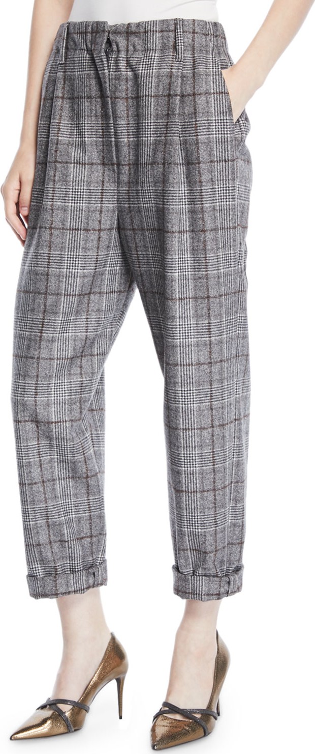 Brunello Cucinelli Plaid Wool Cropped Pants