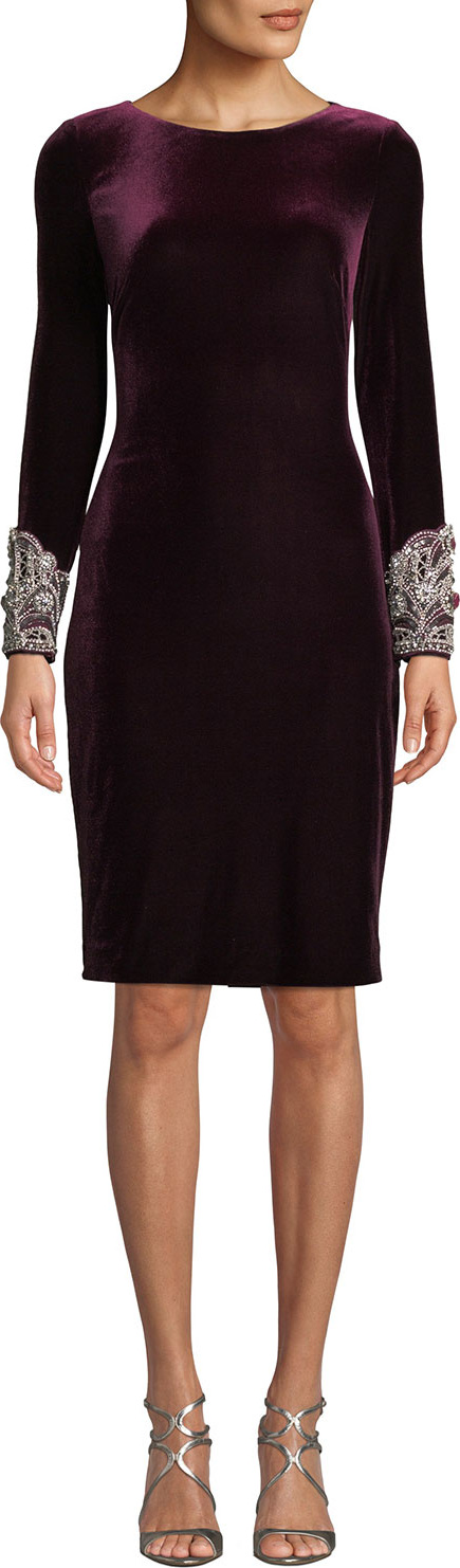 Badgley Mischka Velvet Long-Sleeve Dress w/ Beaded Cuffs