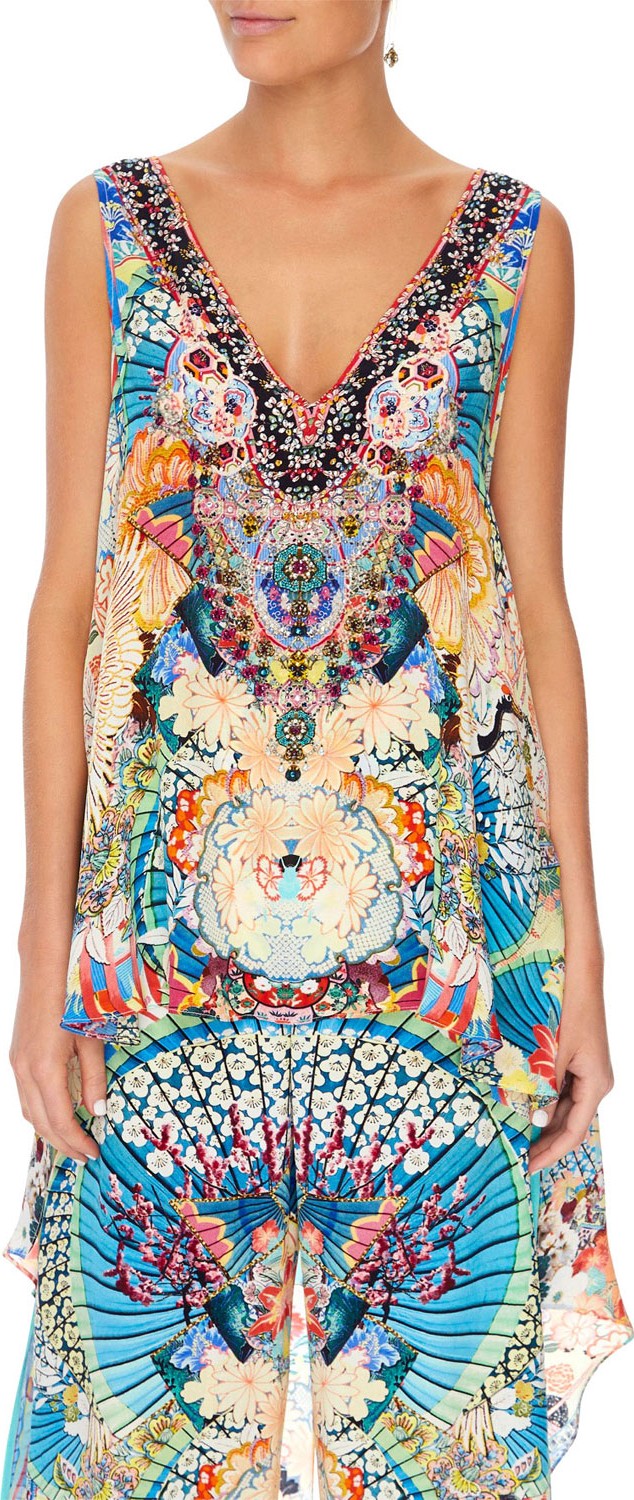 Camilla Embellished Silk High-Low Top w/ Split Back