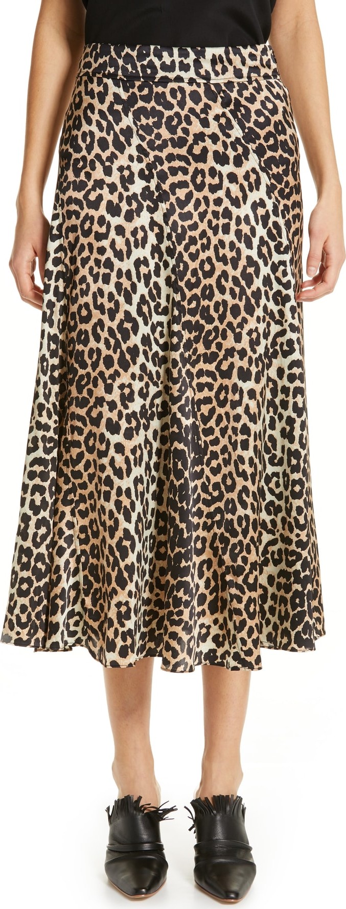 Ganni Leopard Print Stretch Silk Satin Midi Skirt