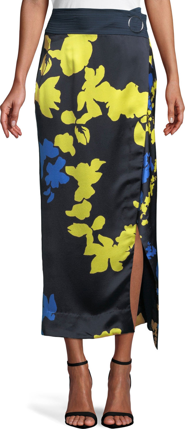 Tanya Taylor Samra Floral Satin High-Waist Skirt
