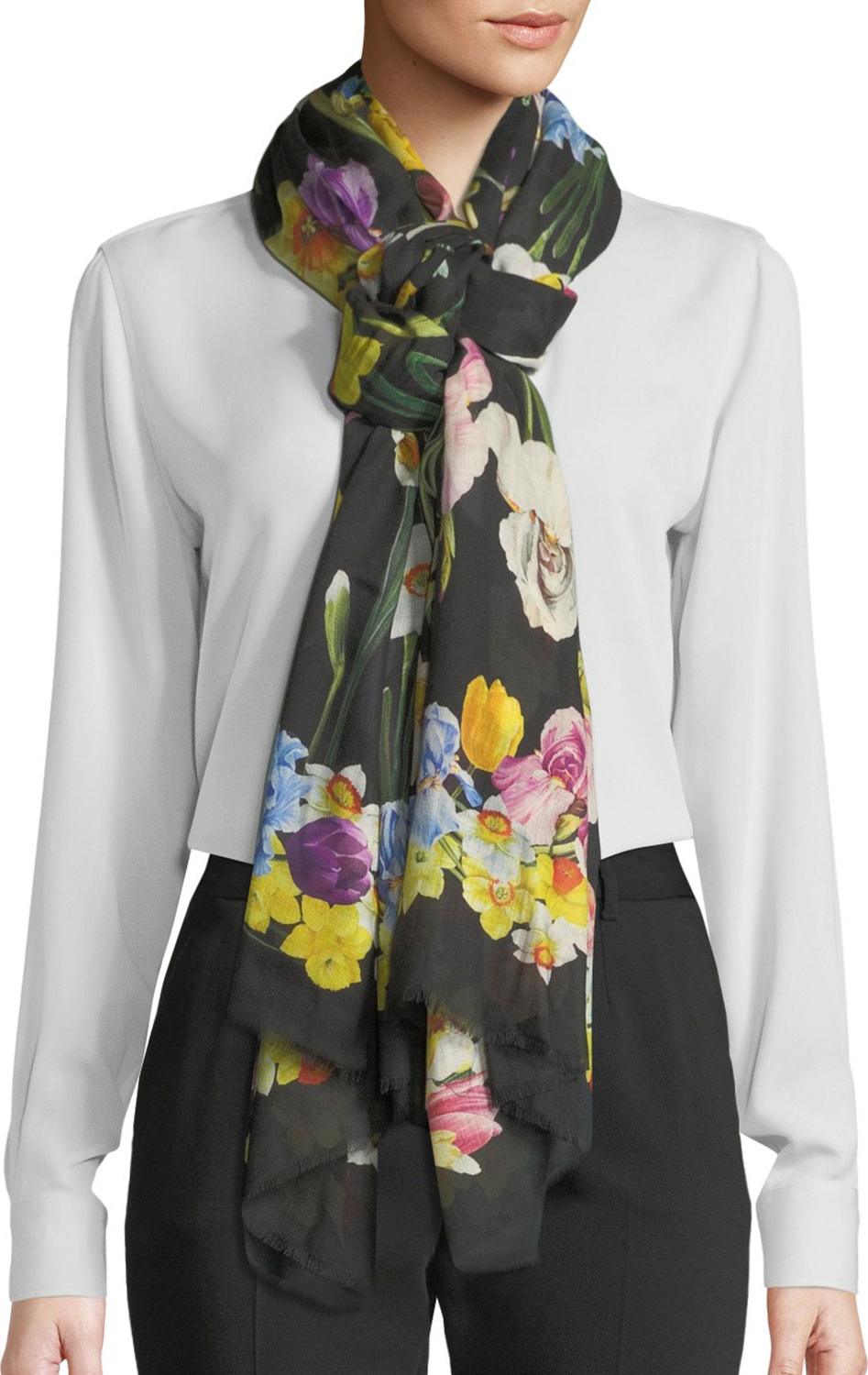 Dolce & Gabbana Cashmere-Blend Iris Print Fringe Scarf