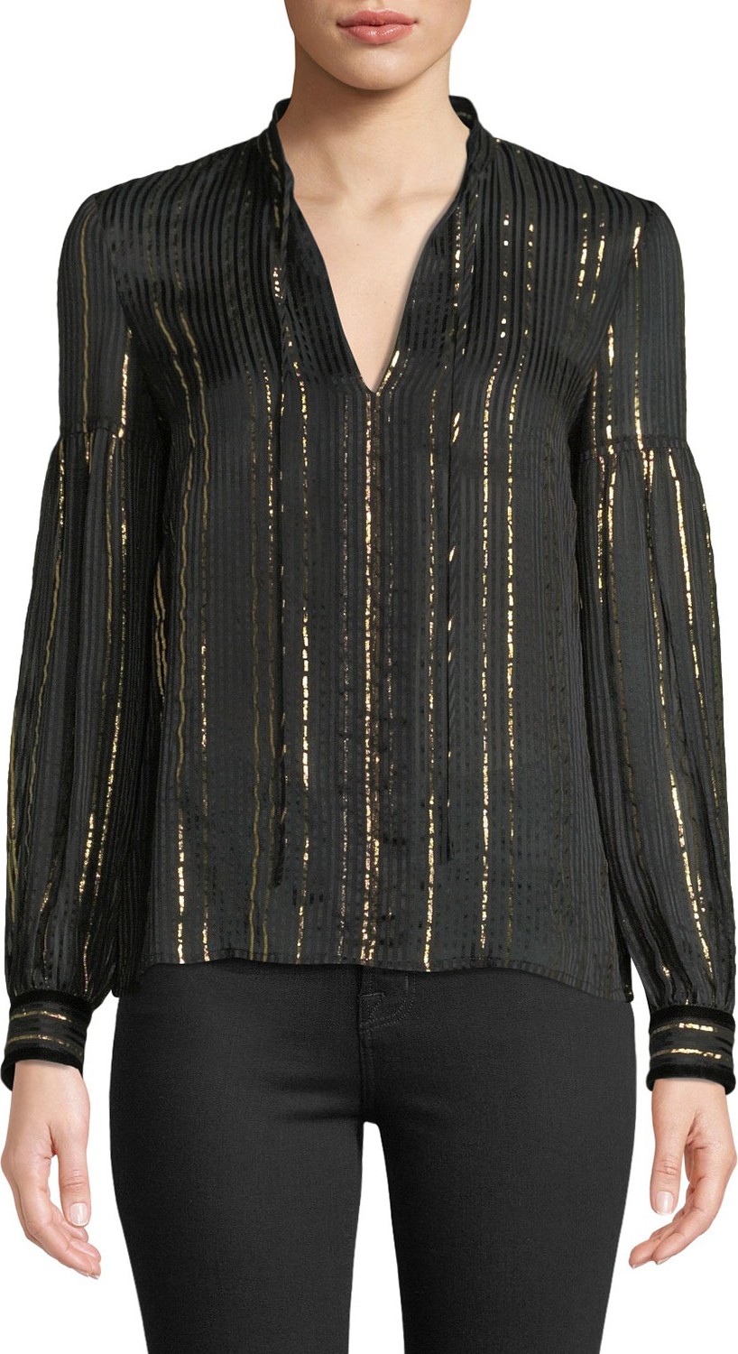 Derek Lam 10 Crosby Metallic Tie-Neck Long-Sleeve Silk Blouse