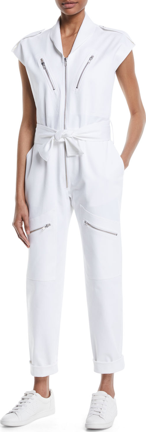 Carolina Ritzler Bathilde Cap-Sleeve Zip-Front Straight-Leg Utility Denim Jumpsuit