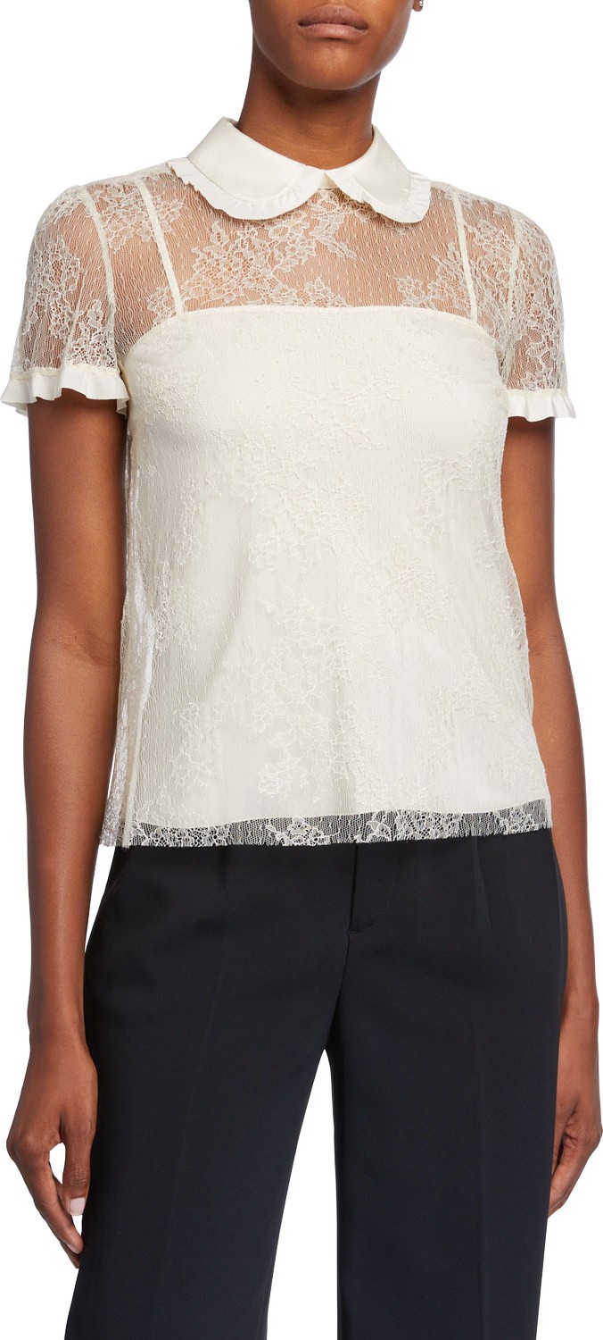 RED Valentino Floral Lace Point D'Esprit & Crepe De Chine Short-Sleeve Top