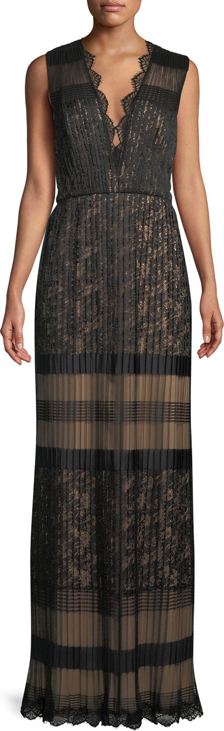 Tadashi Shoji V-Neck Multi-Lace Sleeveless Long Dress