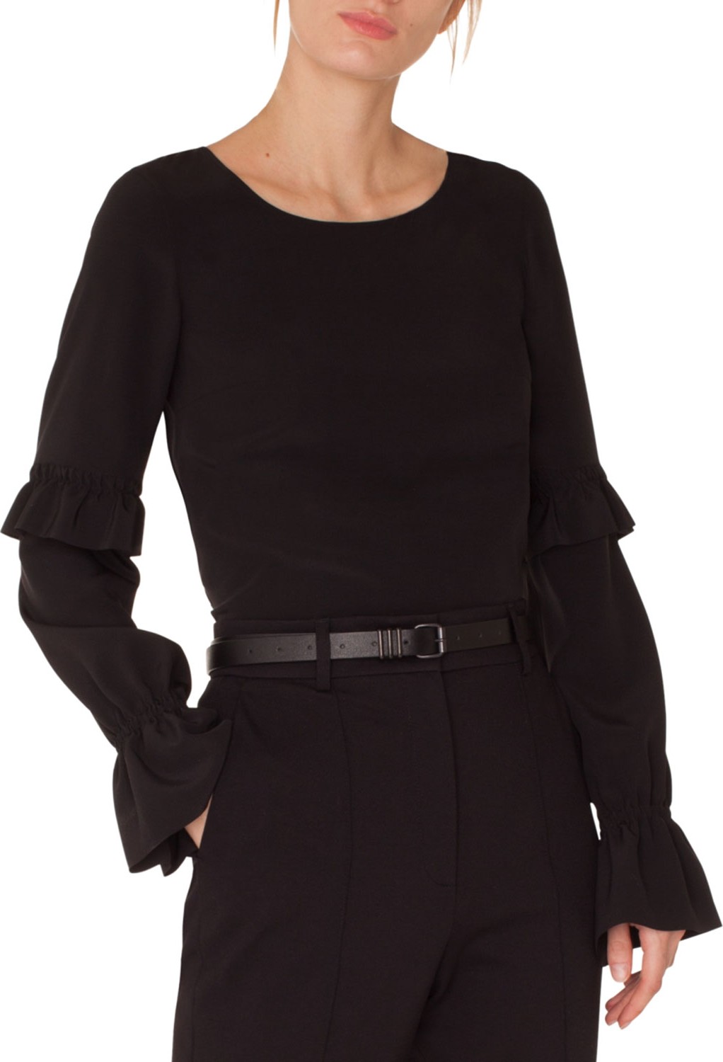 Akris Punto Round-Neck Ruffled-Sleeve Silk Blouse