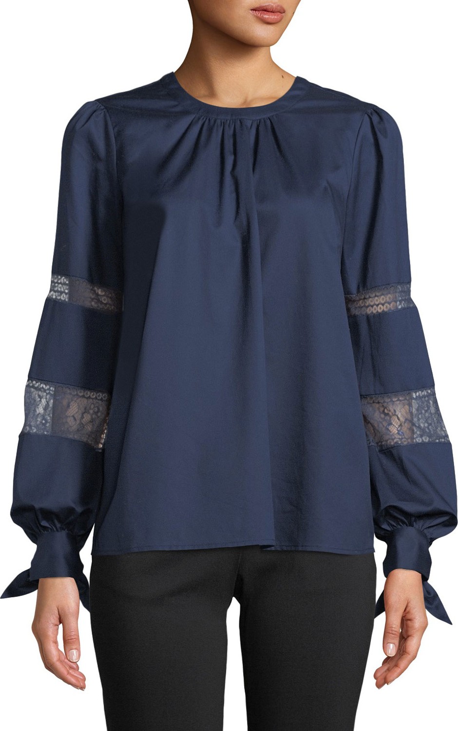 MICHAEL MICHAEL KORS Long-Sleeve Poplin Lace-Trim Top