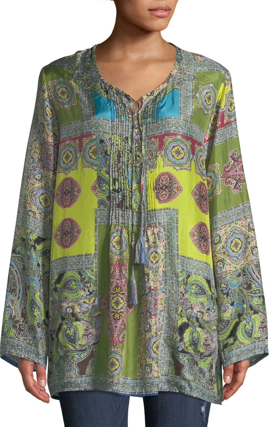 Johnny Was Hana Paisley-Print V-Neck Tassel-Tie Silk Top