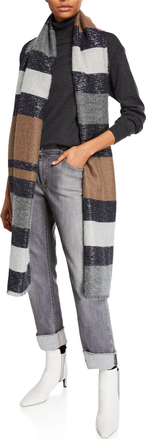 Brunello Cucinelli Shimmer Alpaca-Cashmere Striped Scarf