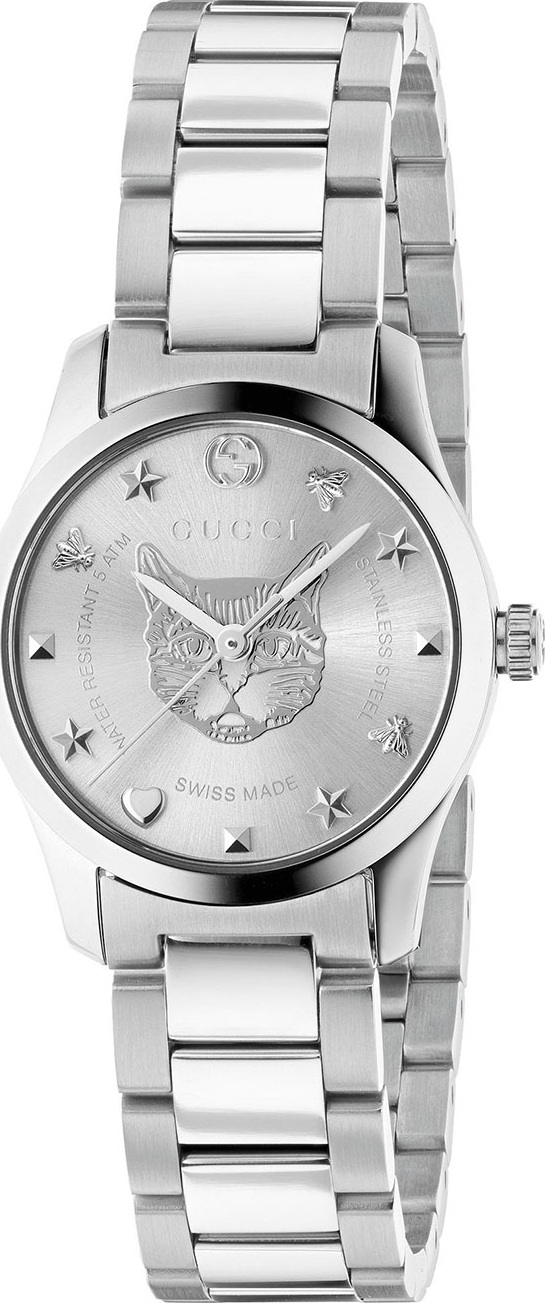 Gucci 27mm G-Timeless Bracelet Watch w/ Feline Motif, Steel