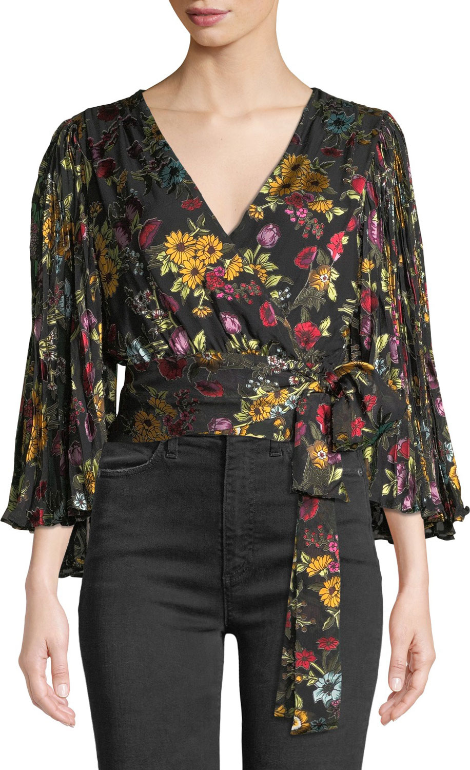 Alice + Olivia Bray Pleated-Sleeve Wrap Top