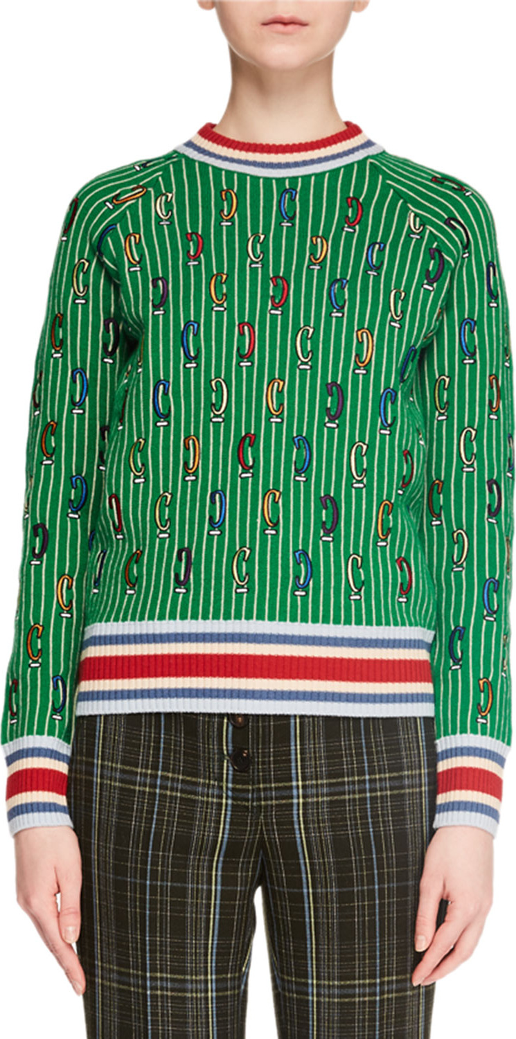 Carven Striped Printed Merino Wool Pullover Sweater