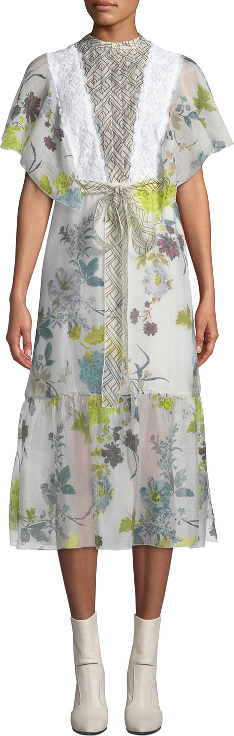 See By Chloé Floral Patchwork Organza Flounce Shirtdress