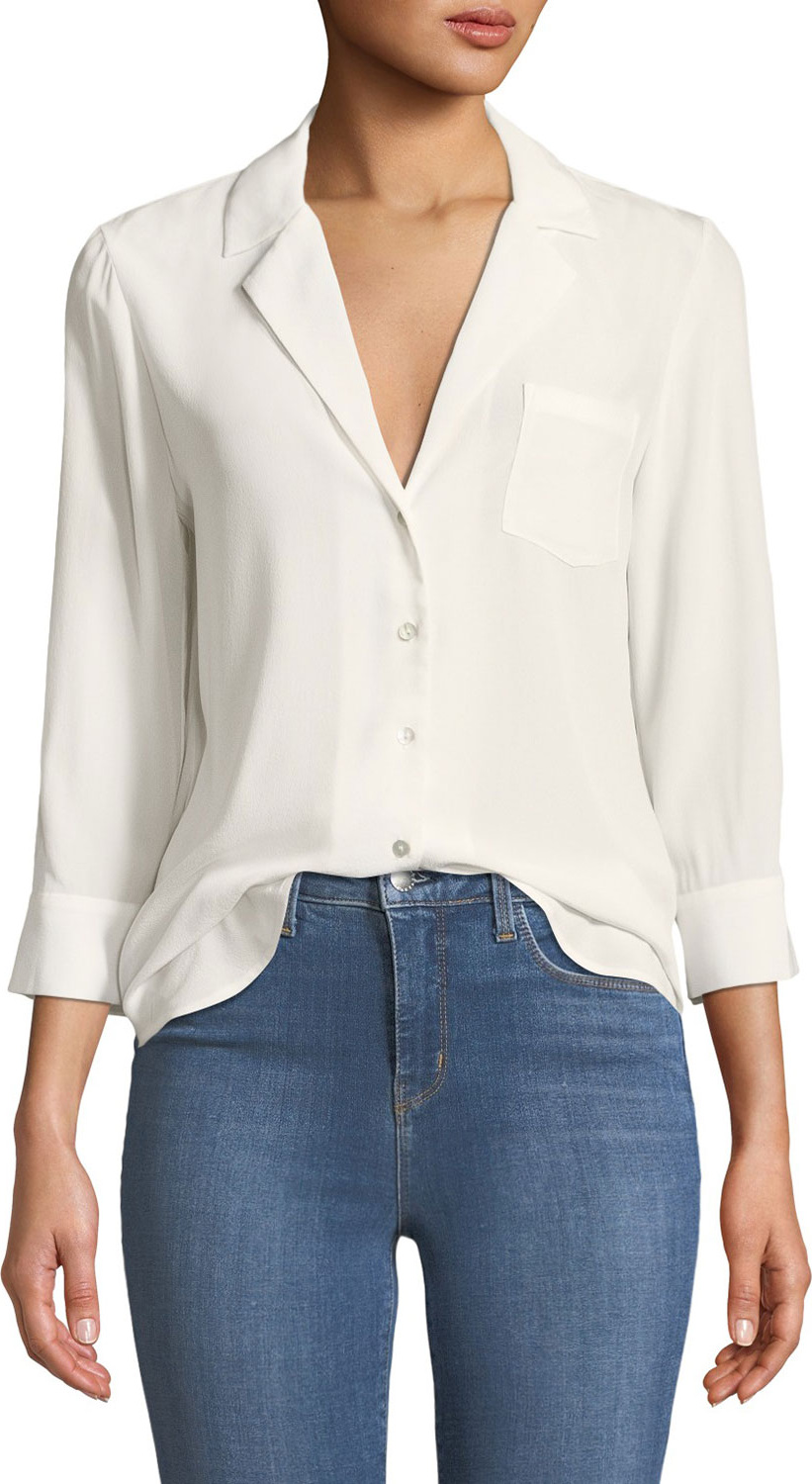 L'AGENCE Amlina 3/4-Sleeve Silk Button-Front Blouse