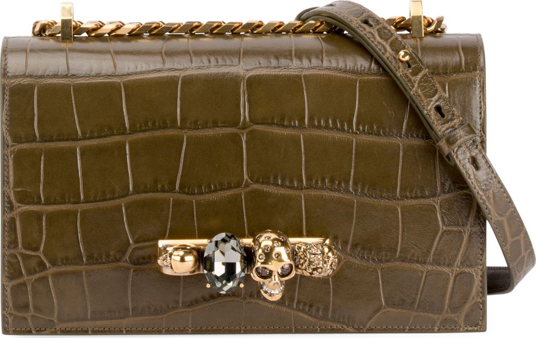 Alexander McQueen Jeweled Croc-Embossed Leather Satchel Bag