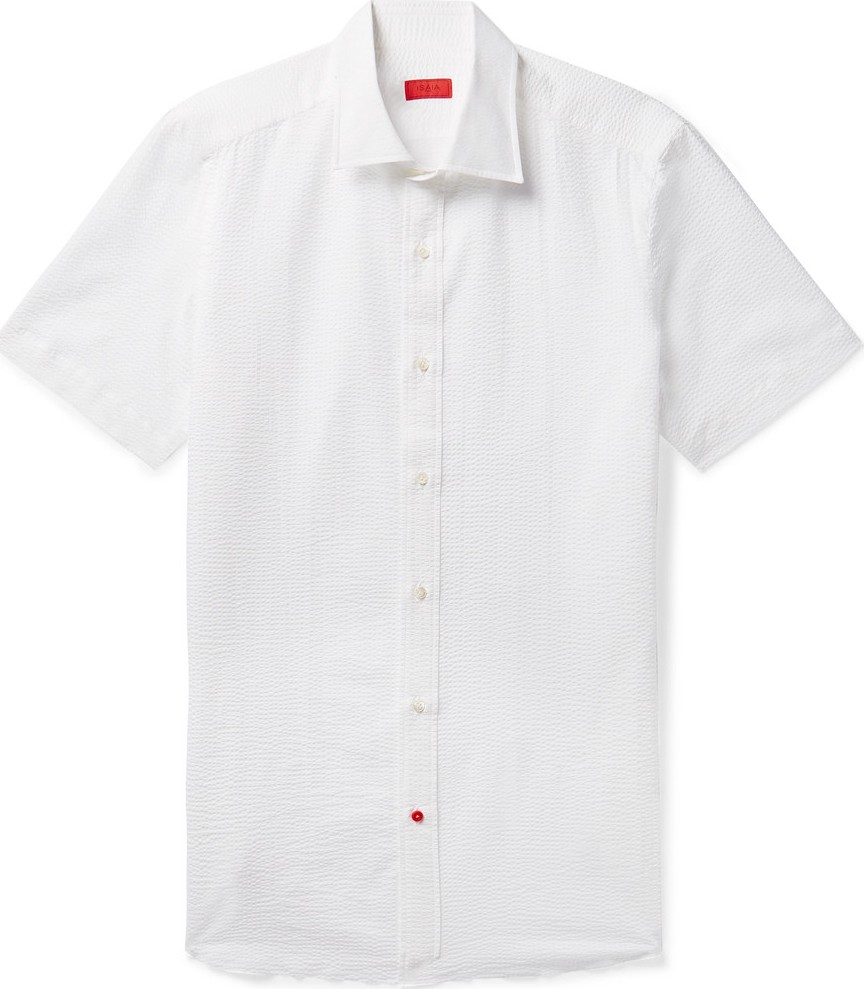Isaia Slim-Fit Satin-Trimmed Cotton-Seersucker Shirt
