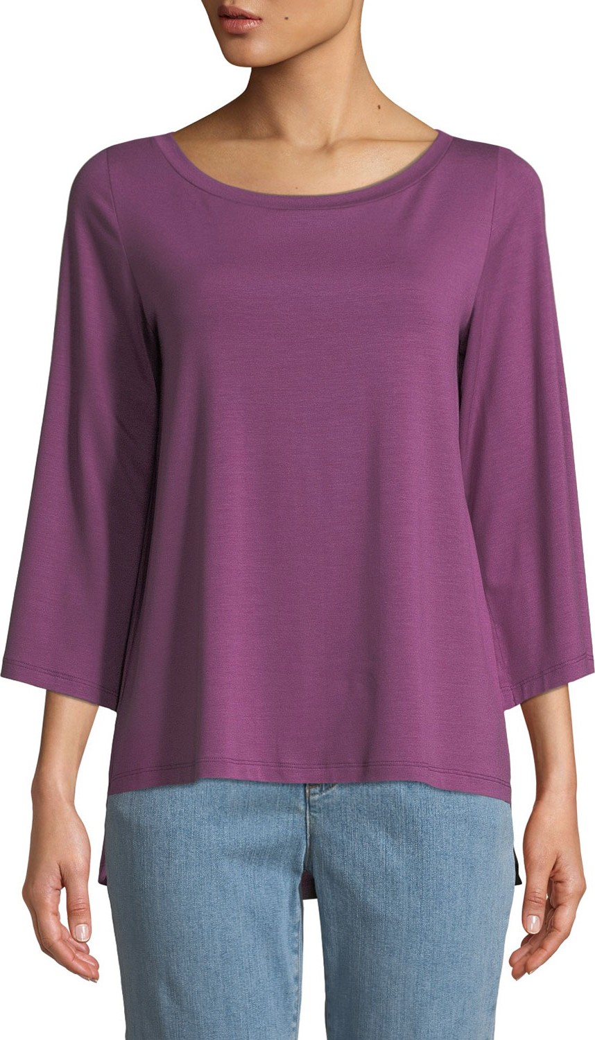 Eileen Fisher Boat-Neck 3/4-Sleeve High-Low Jersey Top