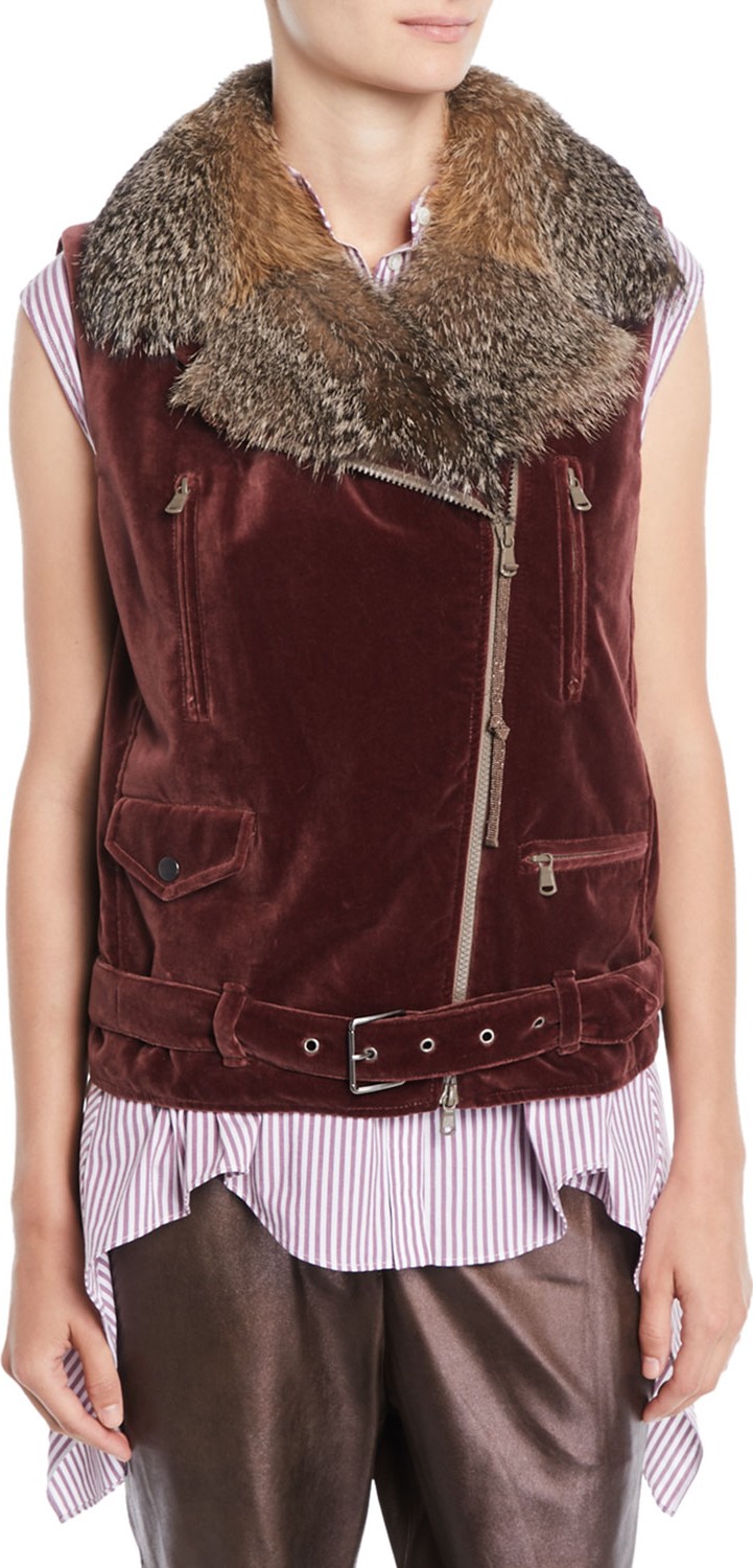 Brunello Cucinelli Velvet Moto Vest w/ Fox Fur Collar