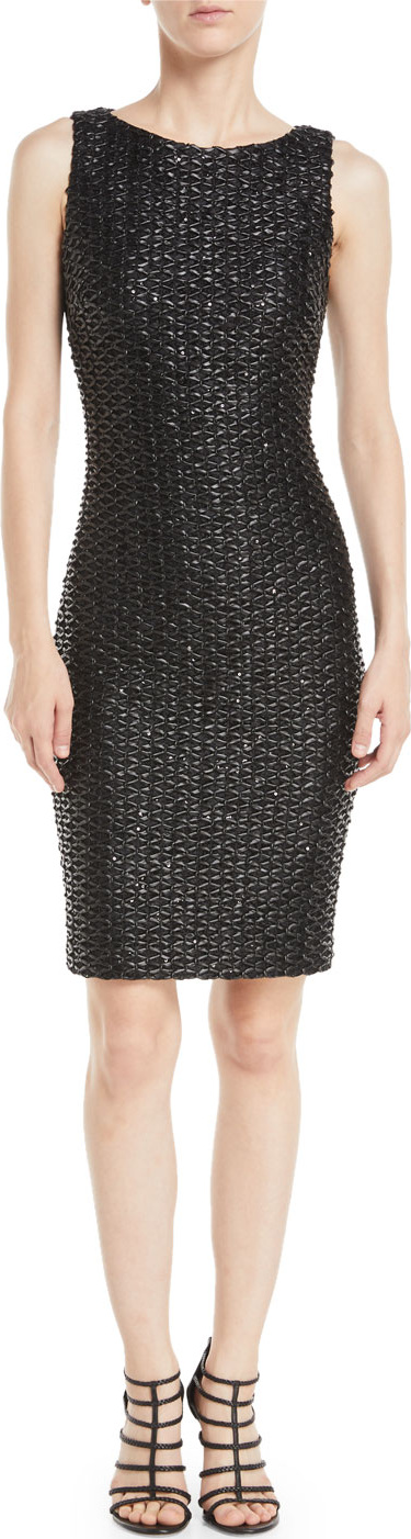 Badgley Mischka Sleeveless Leatherette Weave Sheath Dress