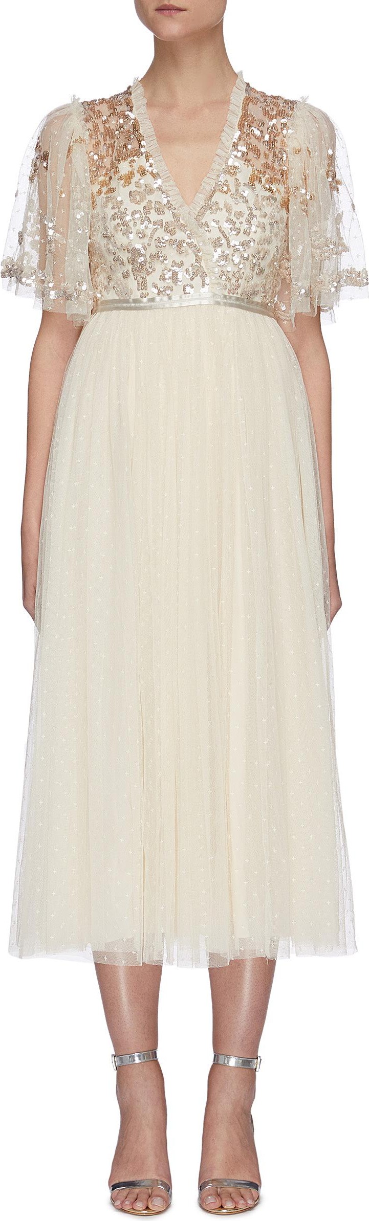 Needle & Thread Sequin embellished panelled cape sleeve tulle midi dress