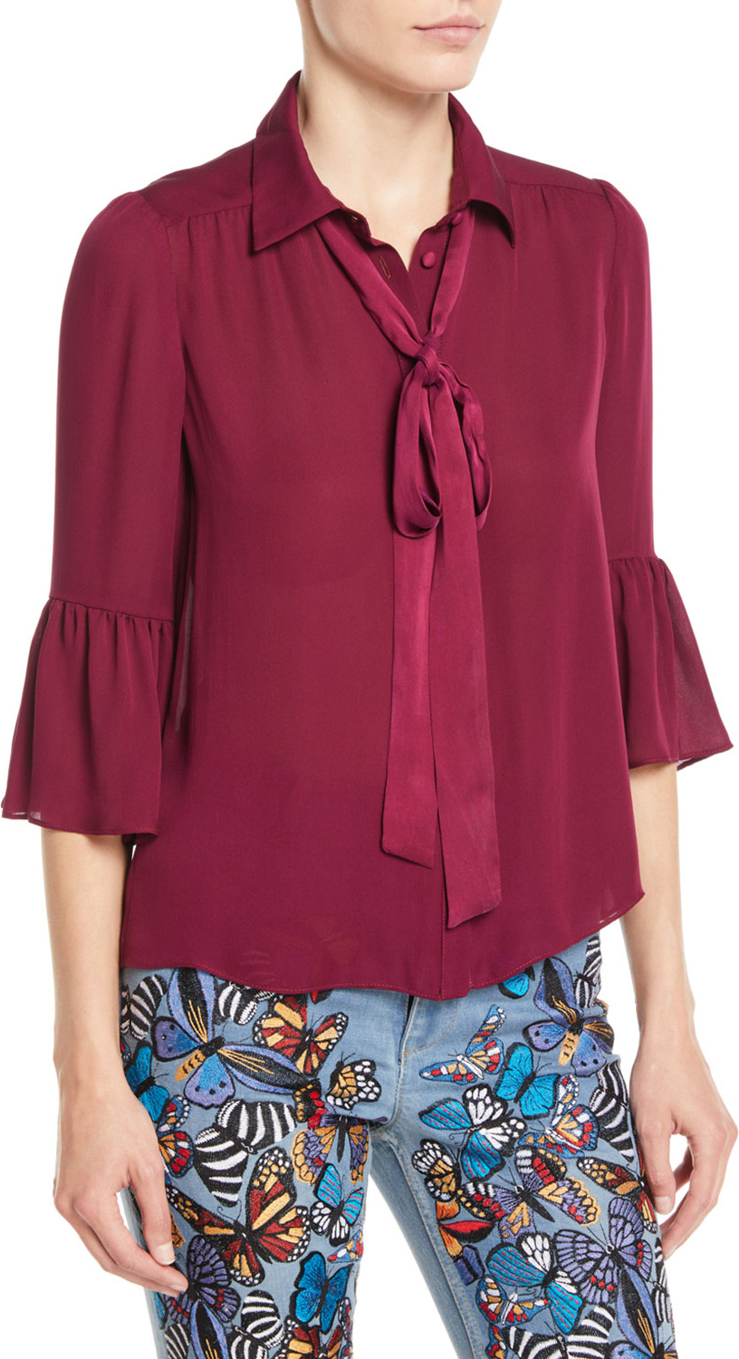 Alice + Olivia Maxima Ruffle-Sleeve Button-Front Silk Blouse