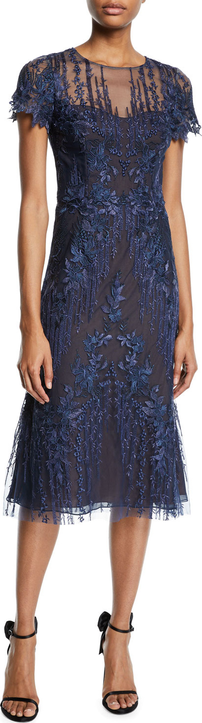 David Meister Short-Sleeve Mesh & Embroidered Dress