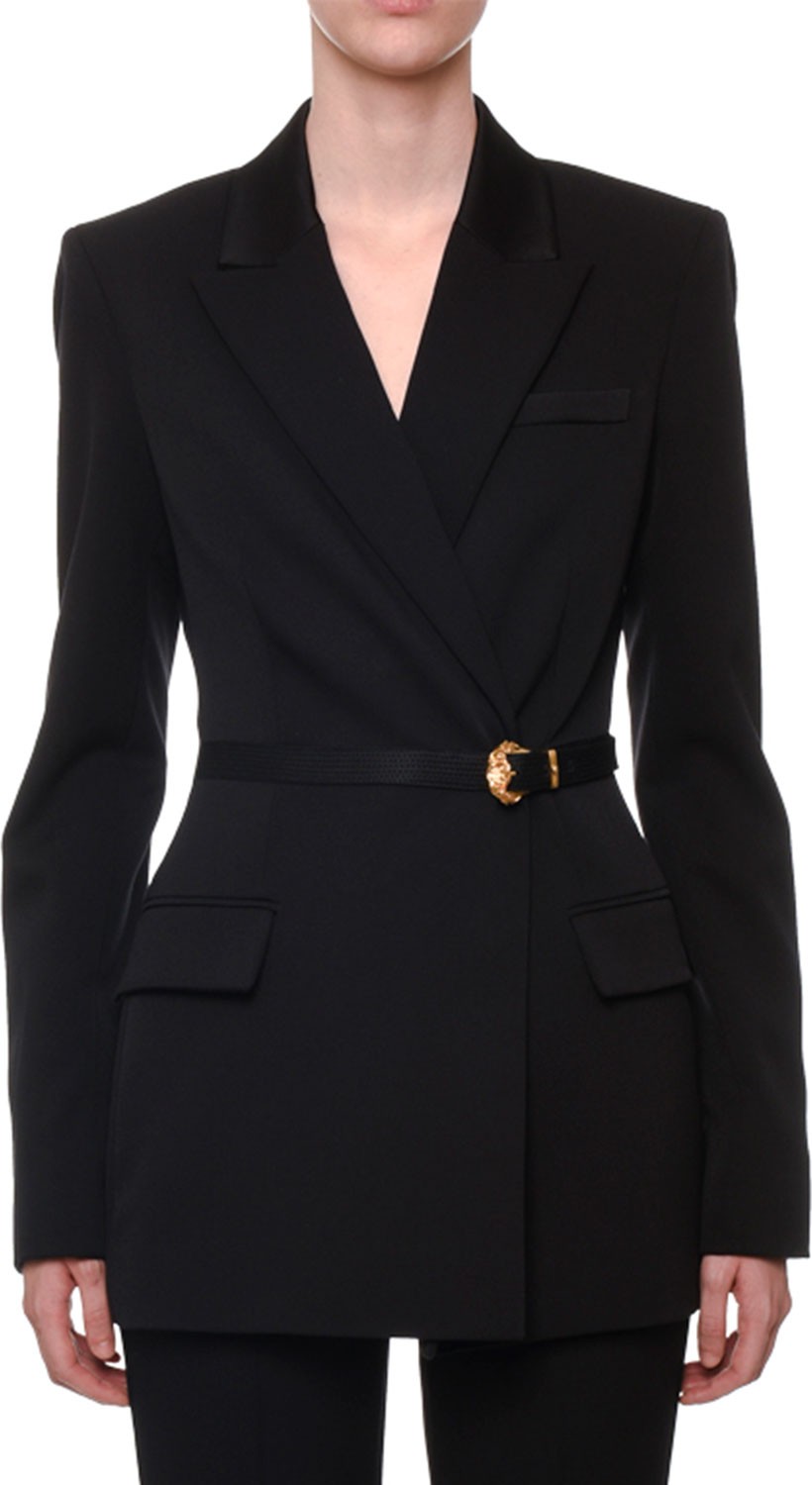 Versace Long Belted Stretch-Wool Tuxedo Jacket Versace Long Belted Stretch-Wool Tuxedo Jacket