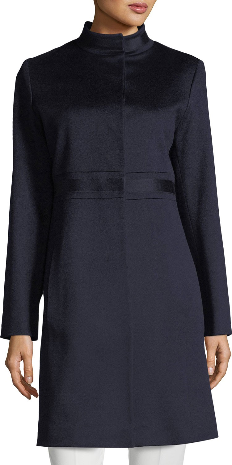 Fleurette Stand-Collar Banded-Waist Wool Coat