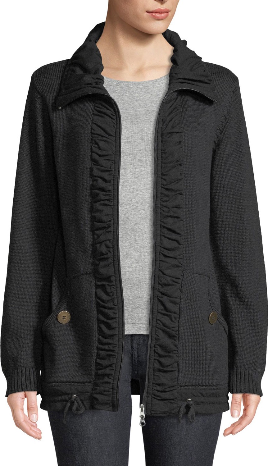 Pure & Co Jasmine Ruffled-Trim Zip-Front Cardigan