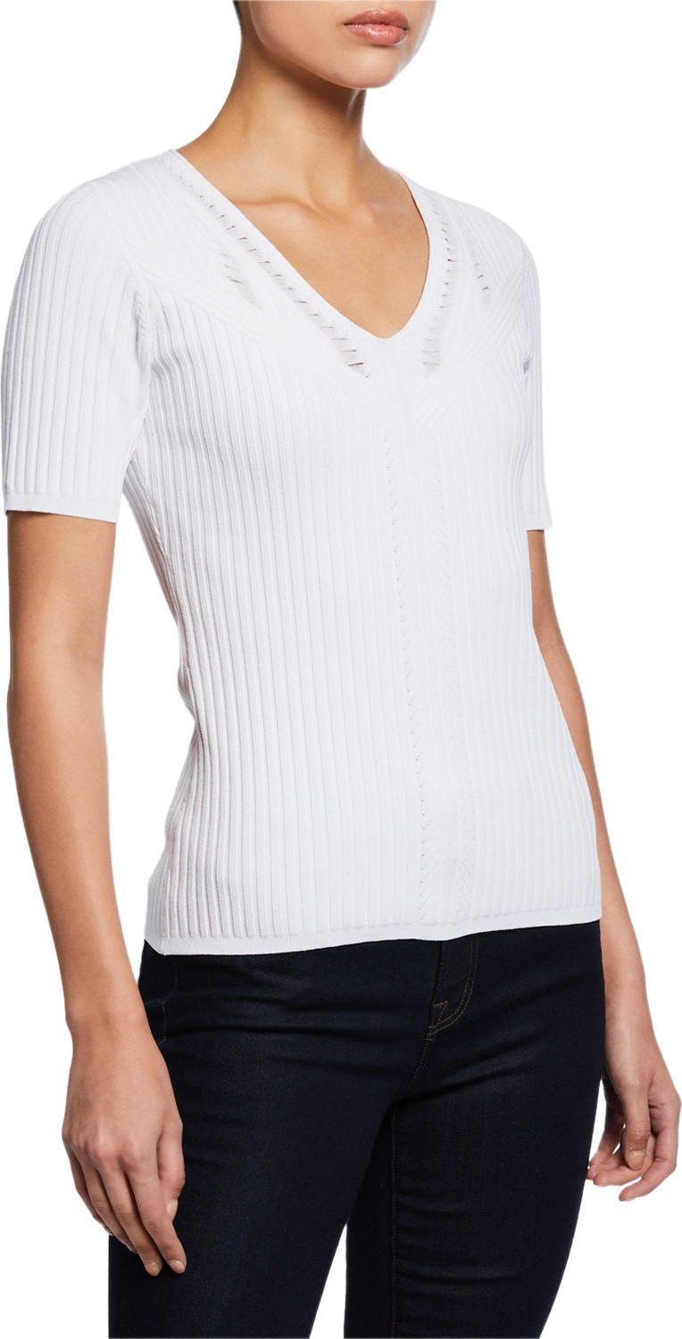 Elie Tahari Savannah Ribbed V-Neck Short-Sleeve Sweater