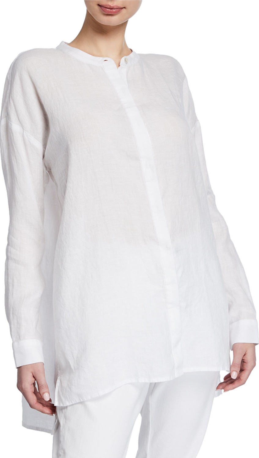 Eileen Fisher Band-Collar Button-Down Long-Sleeve Handkerchief Linen Shirt