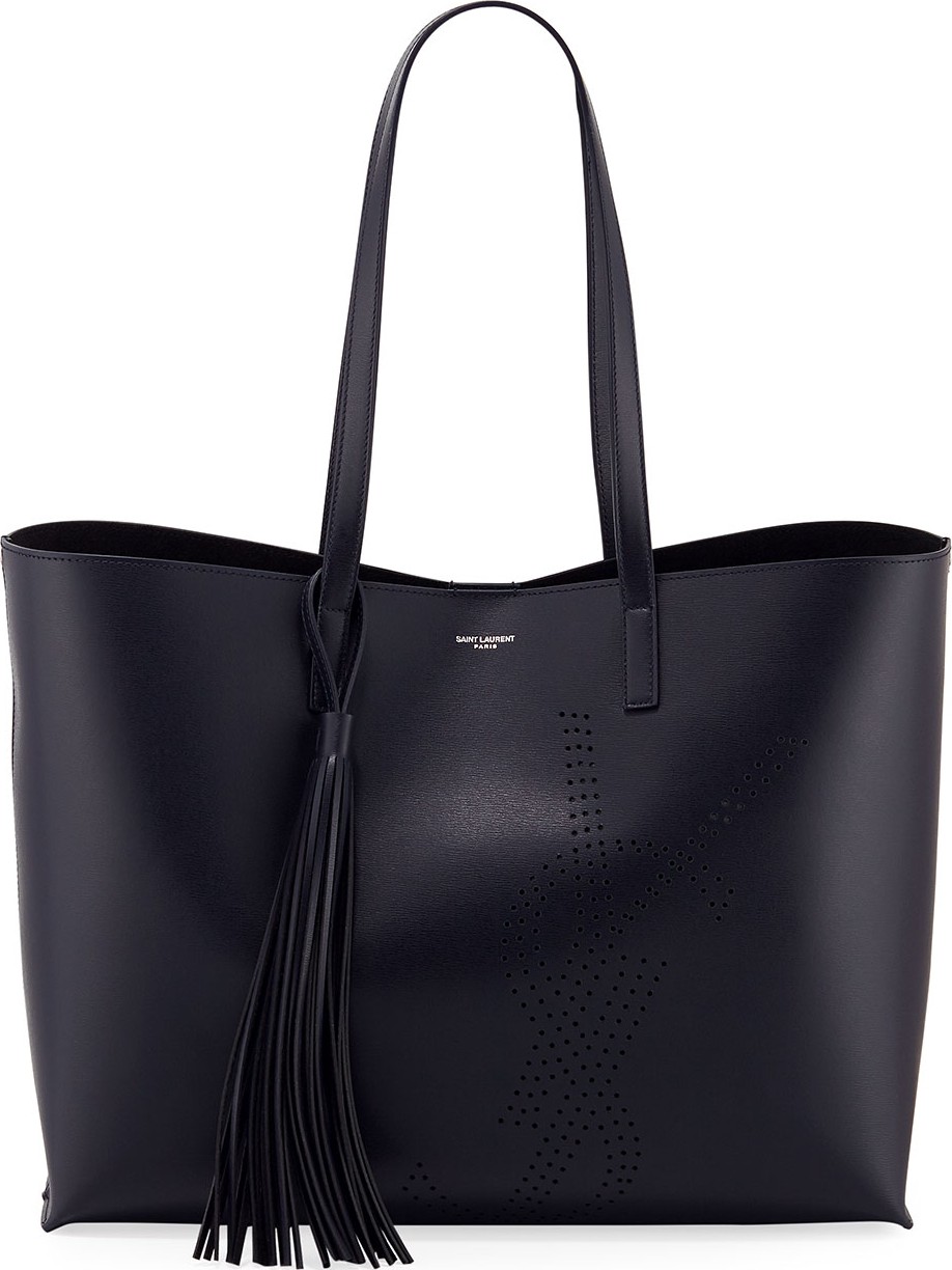 Saint Laurent Smooth Leather YSL Perforated Shopping Tote Bag