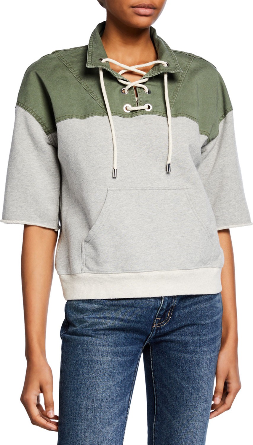 Derek Lam 10 Crosby Short-Sleeve Lace-Up Pullover Sweatshirt
