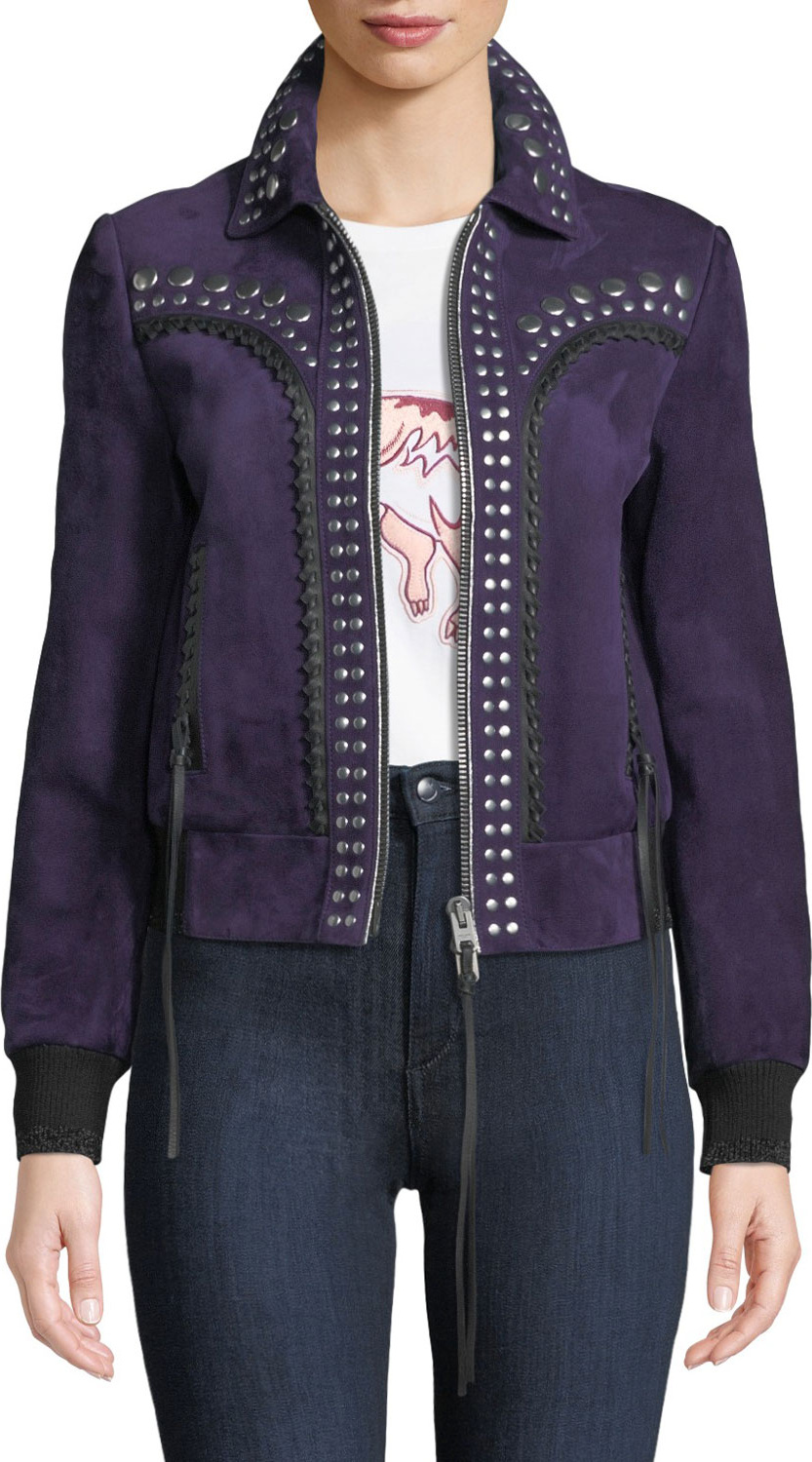 COACH Bandana Studded Zip-Front Suede Jacket