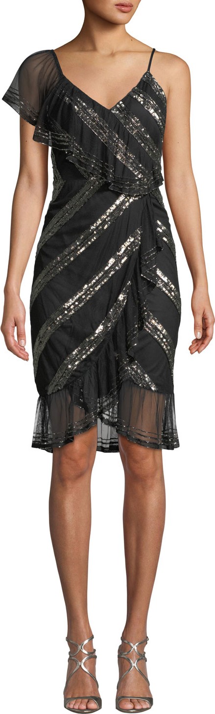 Aidan Mattox Sequin-Striped Asymmetric Dress