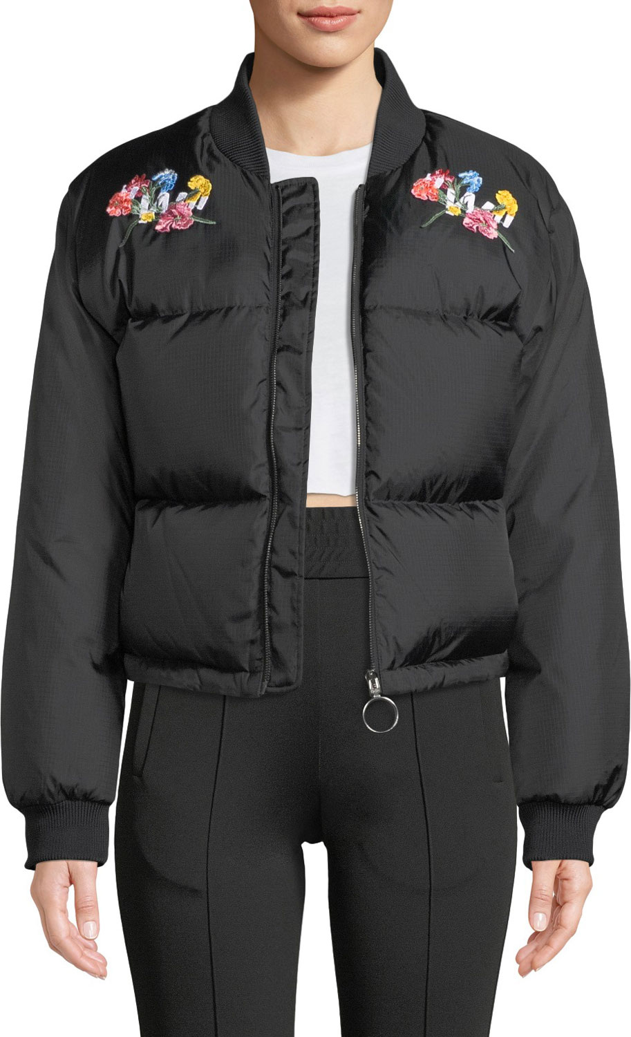 Off White "Woman" Floral-Embroidery Ripstop Puffer Bomber Jacket