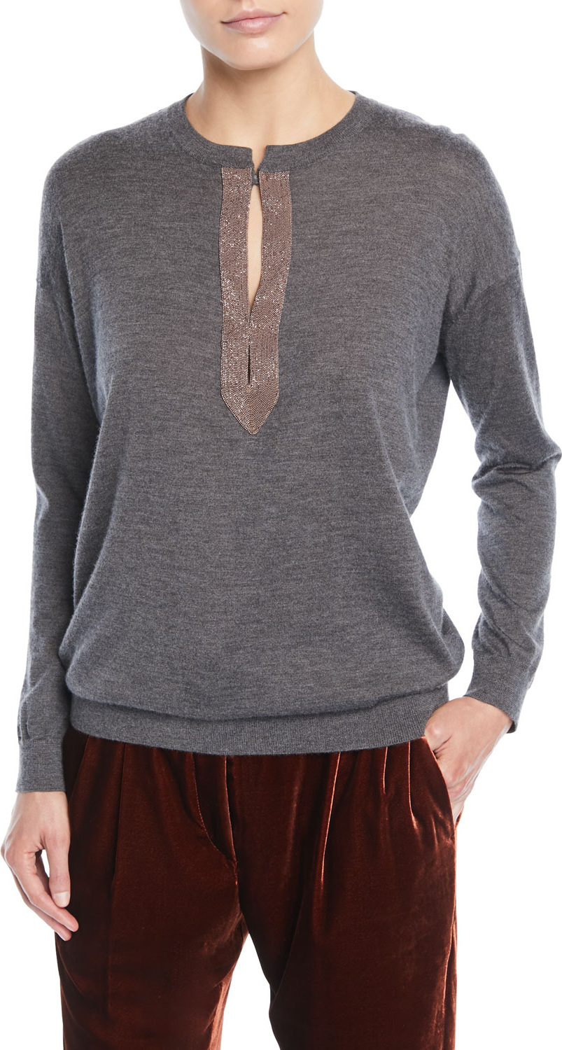 Brunello Cucinelli Monili Henley Cashmere-Silk Pullover Sweater