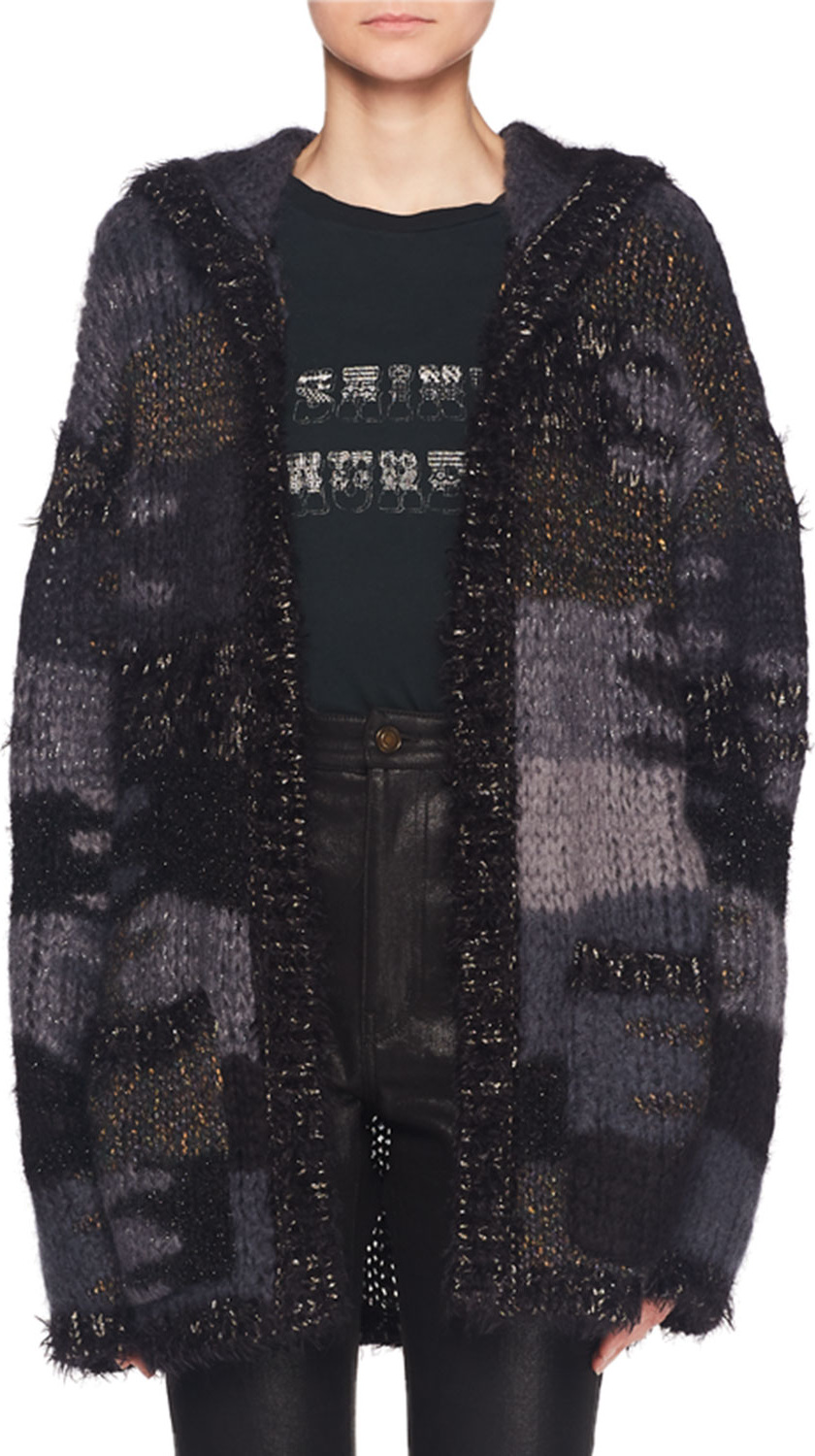 Saint Laurent No-Closure Metallic Camo-Textured Oversized Cardigan