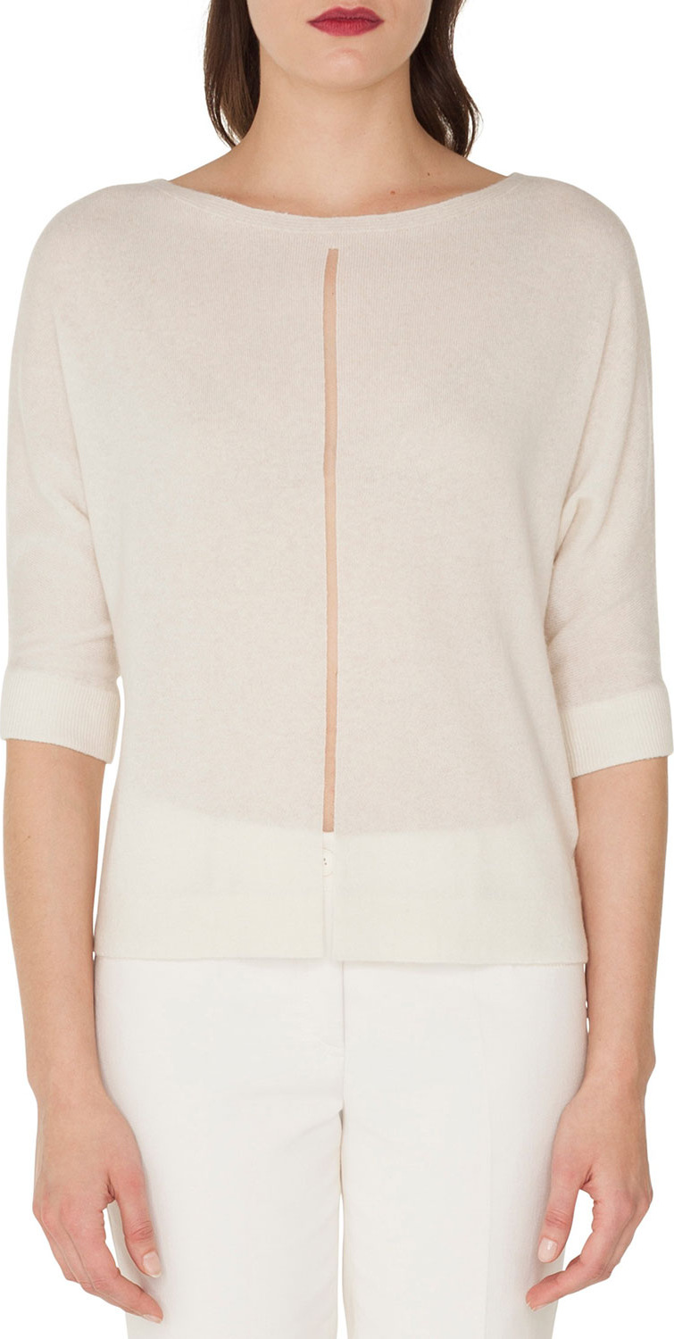 Akris Boat-Neck Elbow-Sleeve Cashmere/Silk Sweater with Tulle Stripe