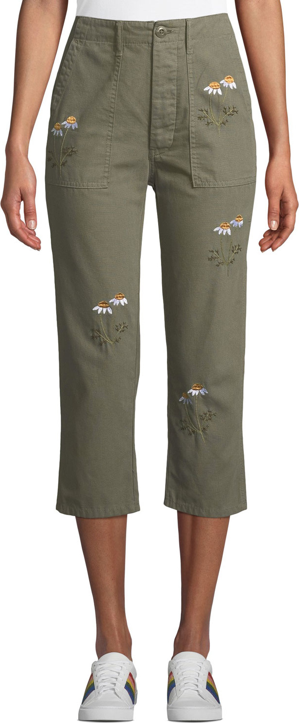 THE GREAT. Embroidered Straight-Leg Cropped Army Pants
