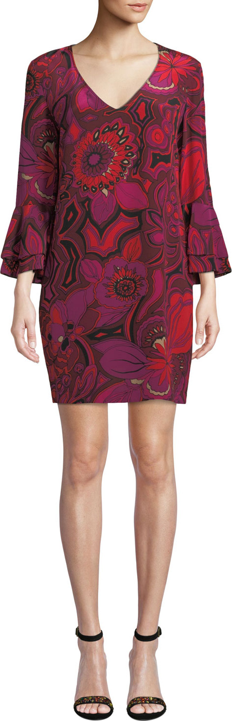 Trina Turk Freeda Floral-Print Silk Dress w/ Double-Trumpet Sleeves