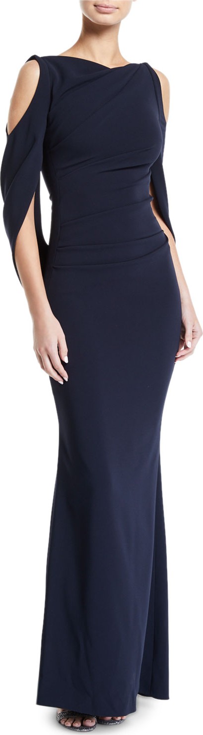 Talbot Runhof Ponceau Open-Shoulder Draped-Waist Gown