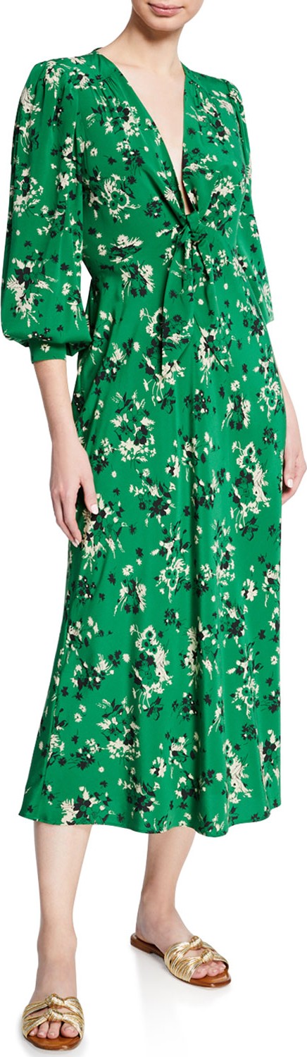 Veronica Beard Amber Long-Sleeve Floral Tie-Front Midi Dress