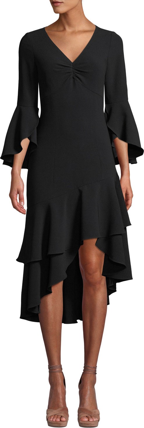 Shoshanna Florette Bell-Sleeve Crepe Ruffle Dress