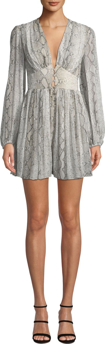 Zimmermann Corsage Snake-Print Long-Sleeve Fluted Romper